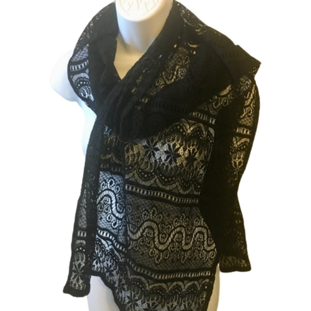 Liz Claiborn Vintage 80s Black Lace Scarf Wrap Cotton Nylon Oblong